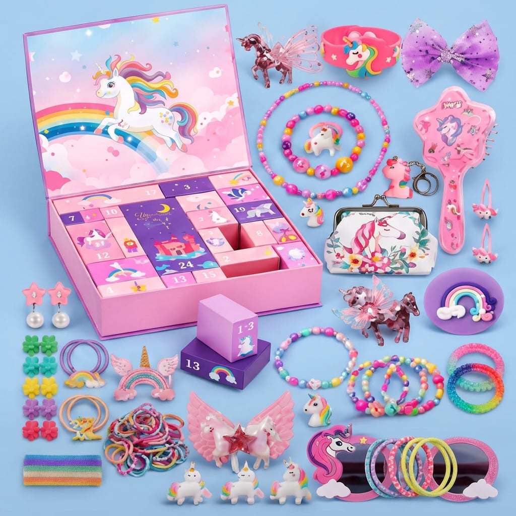 Unicorn Advent Calendar 2026 with Hair Accessories and Stickers Holiday Countdown for Kids
