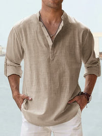 Camden Band Collar Half Button Long Sleeve Shirt