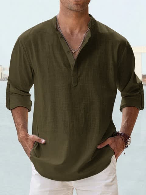 Camden Band Collar Half Button Long Sleeve Shirt