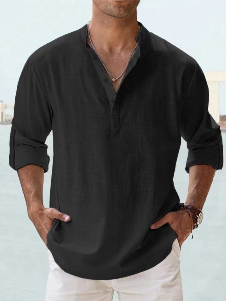 Camden Band Collar Half Button Long Sleeve Shirt