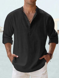 Camden Band Collar Half Button Long Sleeve Shirt