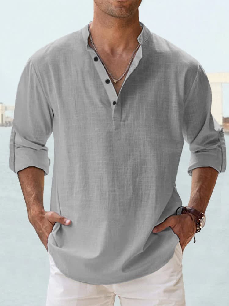 Camden Band Collar Half Button Long Sleeve Shirt