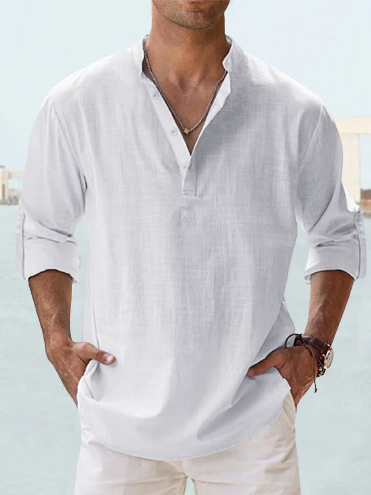 Camden Band Collar Half Button Long Sleeve Shirt