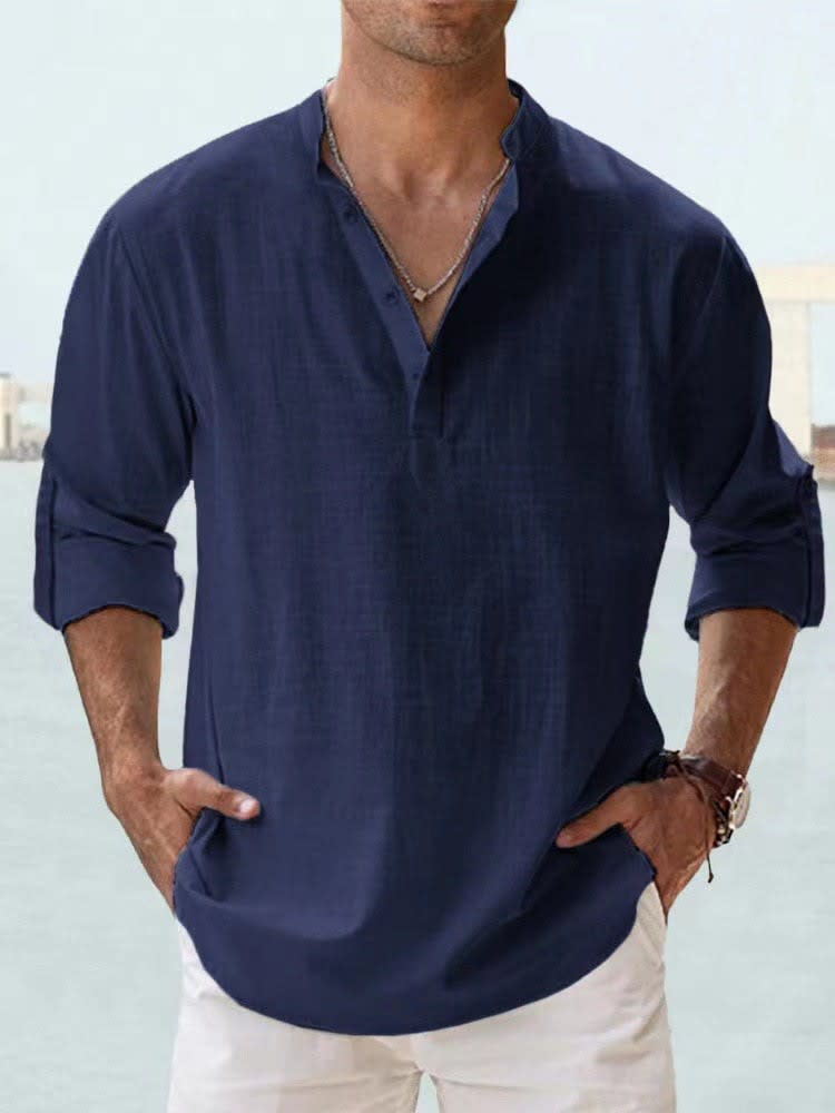 Camden Band Collar Half Button Long Sleeve Shirt