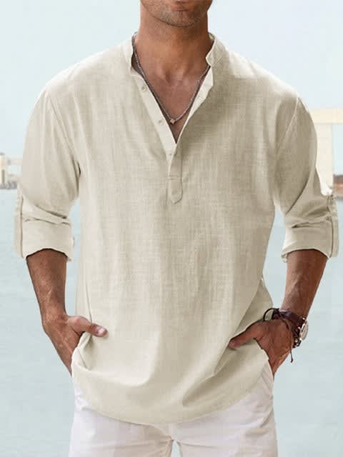 Camden Band Collar Half Button Long Sleeve Shirt