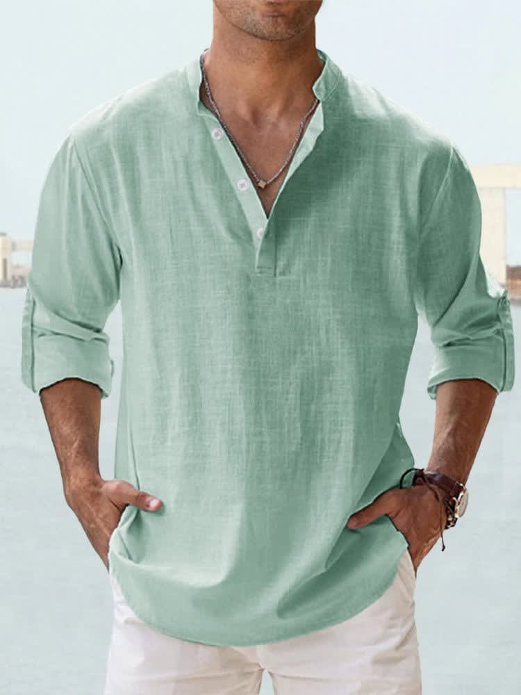 Camden Band Collar Half Button Long Sleeve Shirt