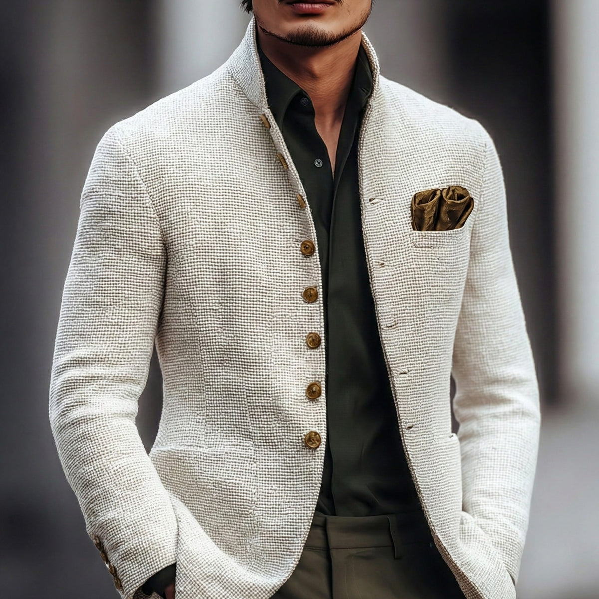 Leo Textured Stand Collar Knit Blazer_1