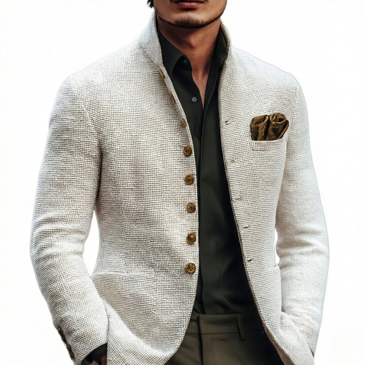 Leo Textured Stand Collar Knit Blazer_2