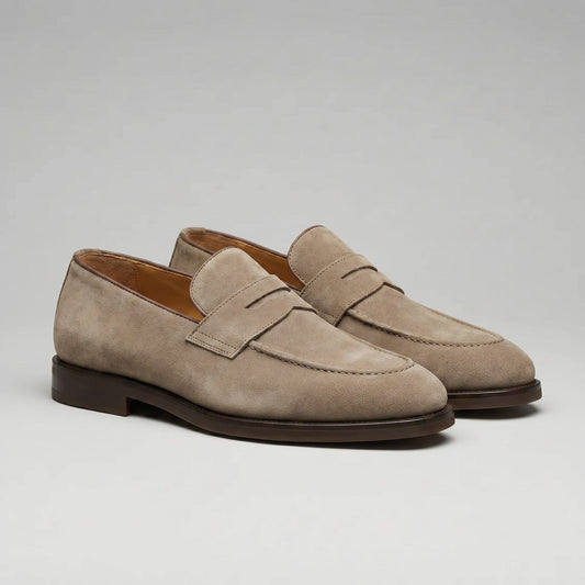 Macklin Beige Suede Penny Loafers_1