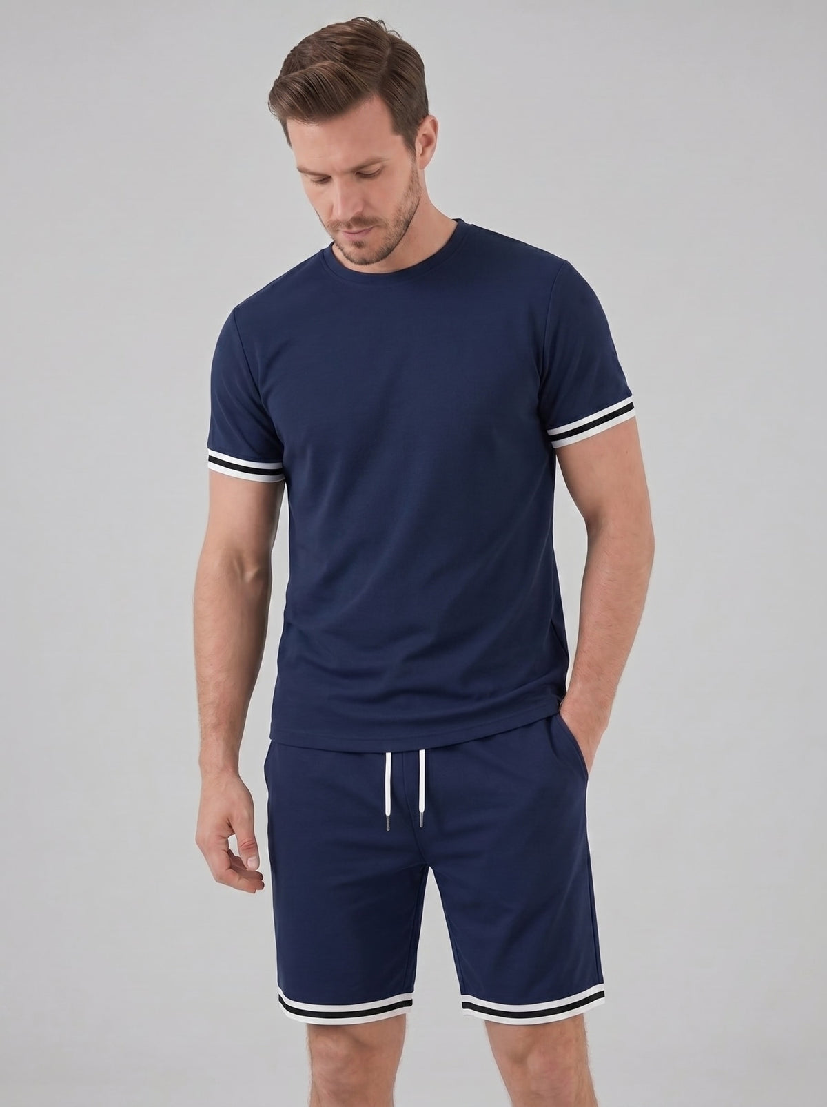 Bishop Contrast Stripe T-Shirt and Shorts Set_17