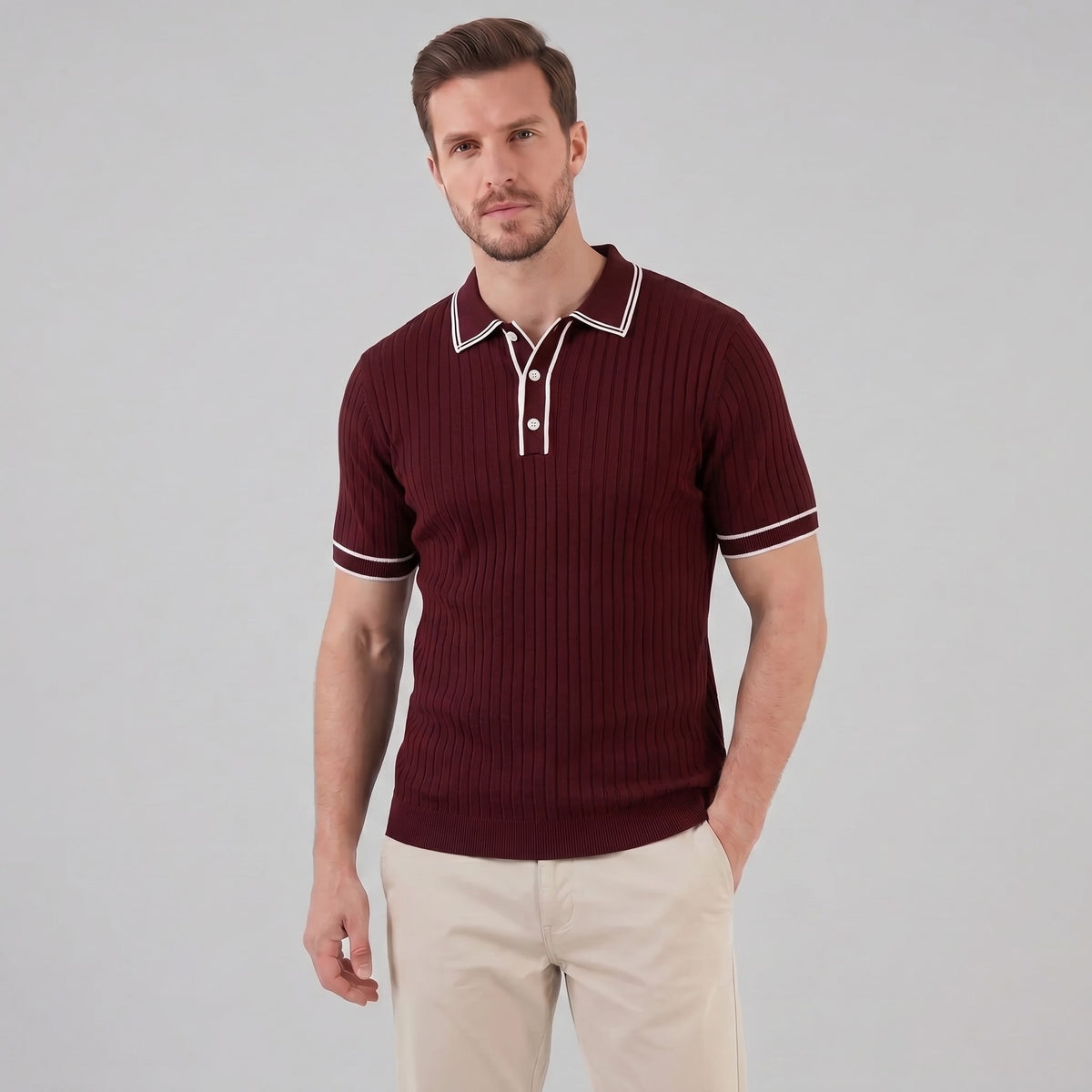 Reeve Contrast Tipped Ribbed Knit Polo