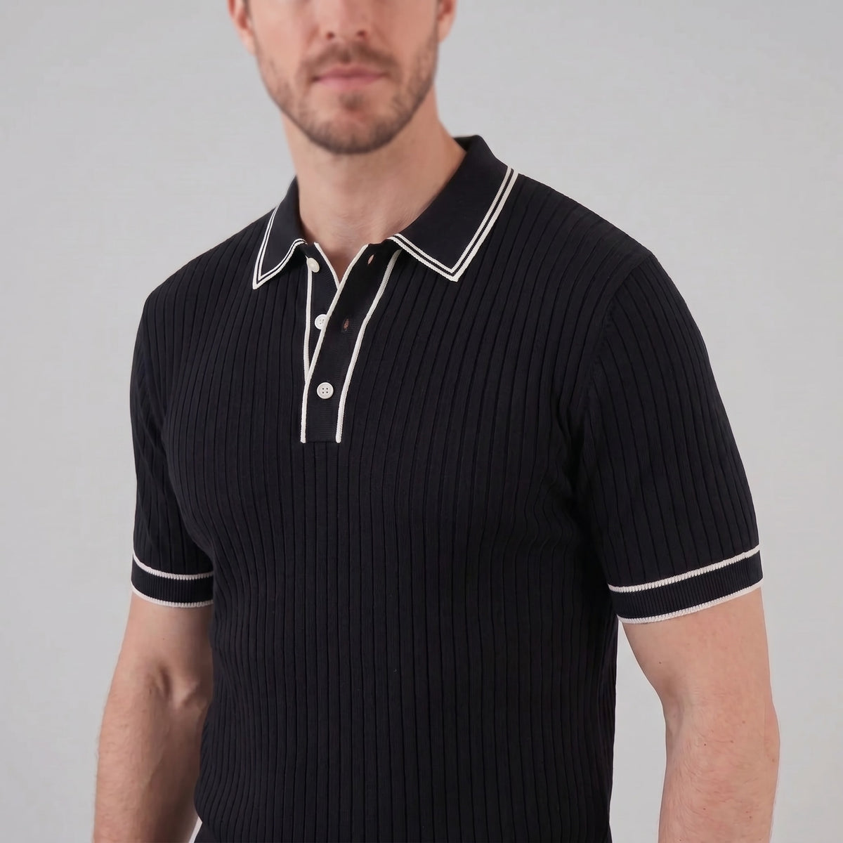 Reeve Contrast Tipped Ribbed Knit Polo