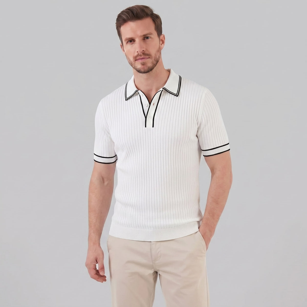 Reeve Contrast Tipped Ribbed Knit Polo