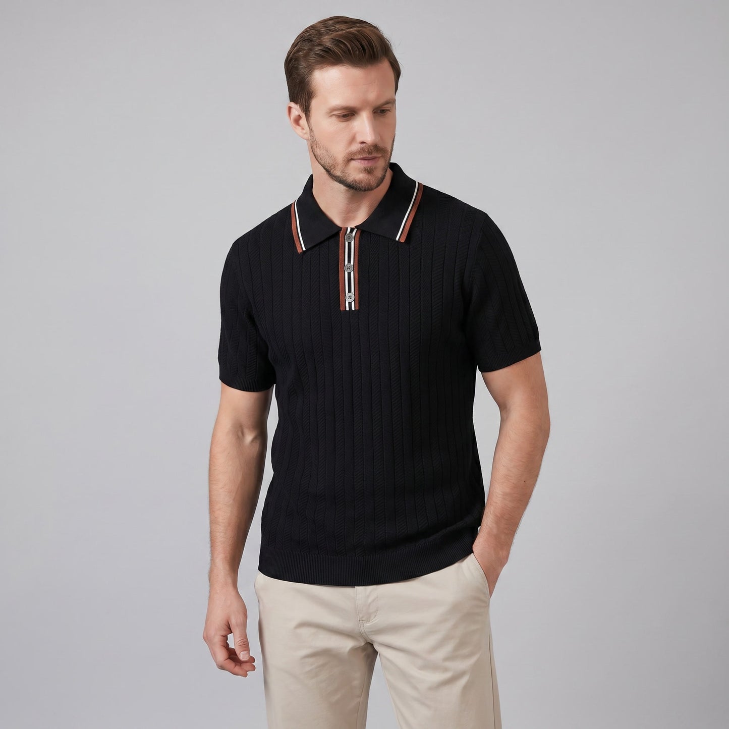 Ridge Contrast Collar Ribbed Knit Polo_1