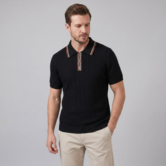 Ridge Contrast Collar Ribbed Knit Polo_1