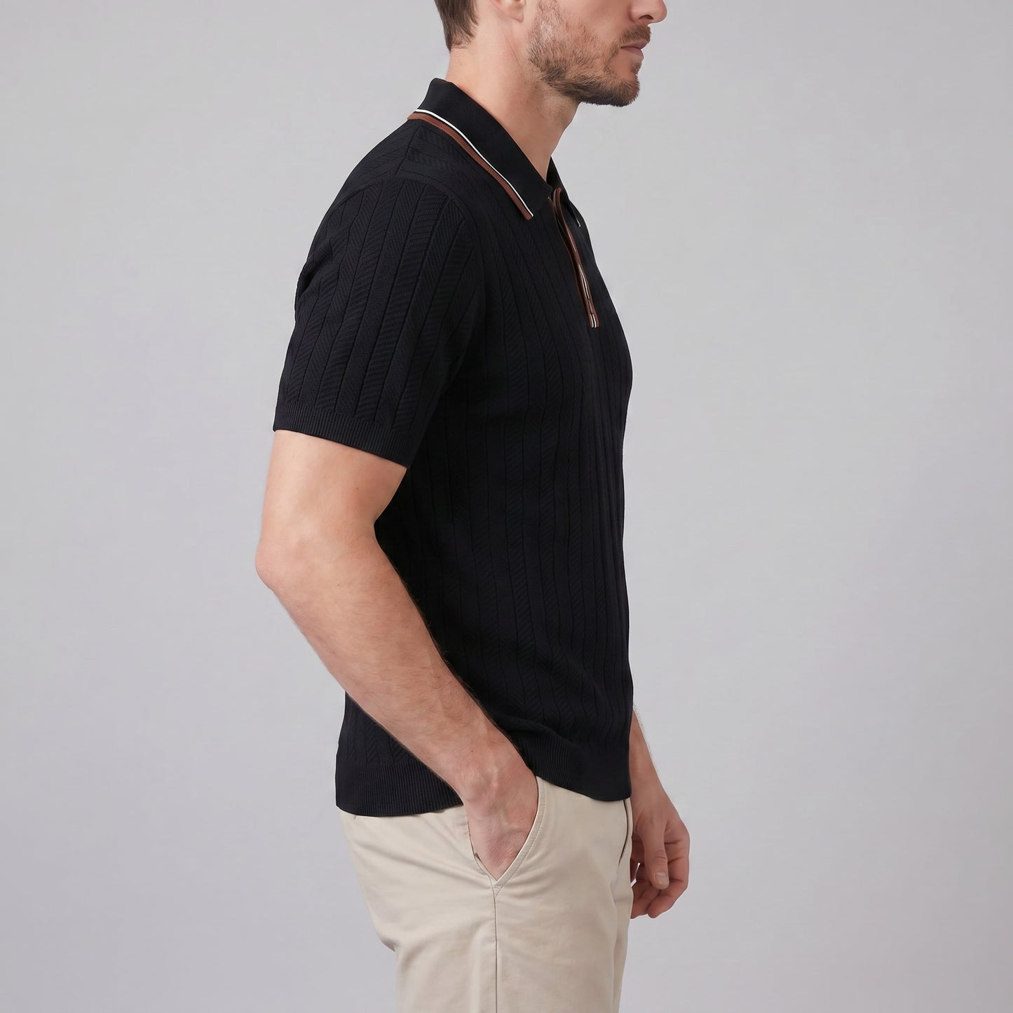Ridge Contrast Collar Ribbed Knit Polo_2