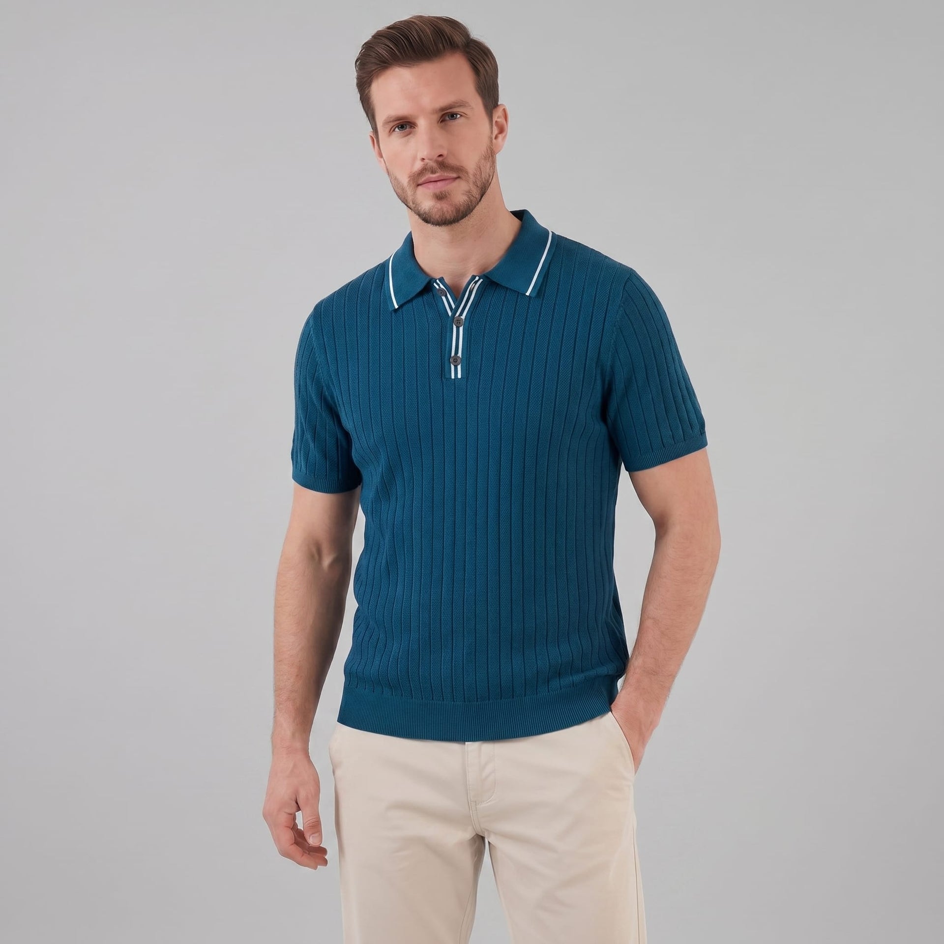 Ridge Contrast Collar Ribbed Knit Polo
