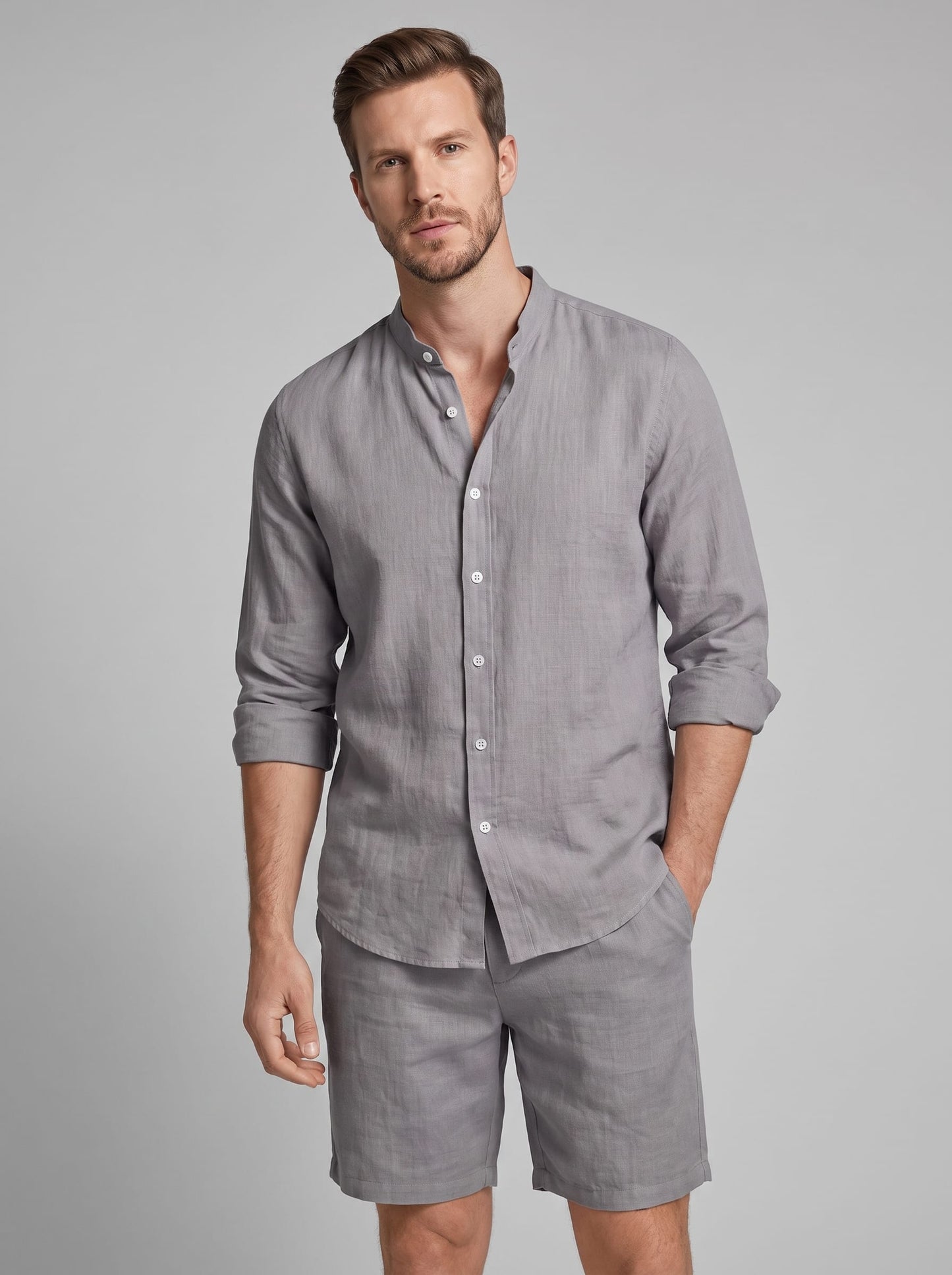 Canyon Linen Band Collar Shirt and Shorts Set_1