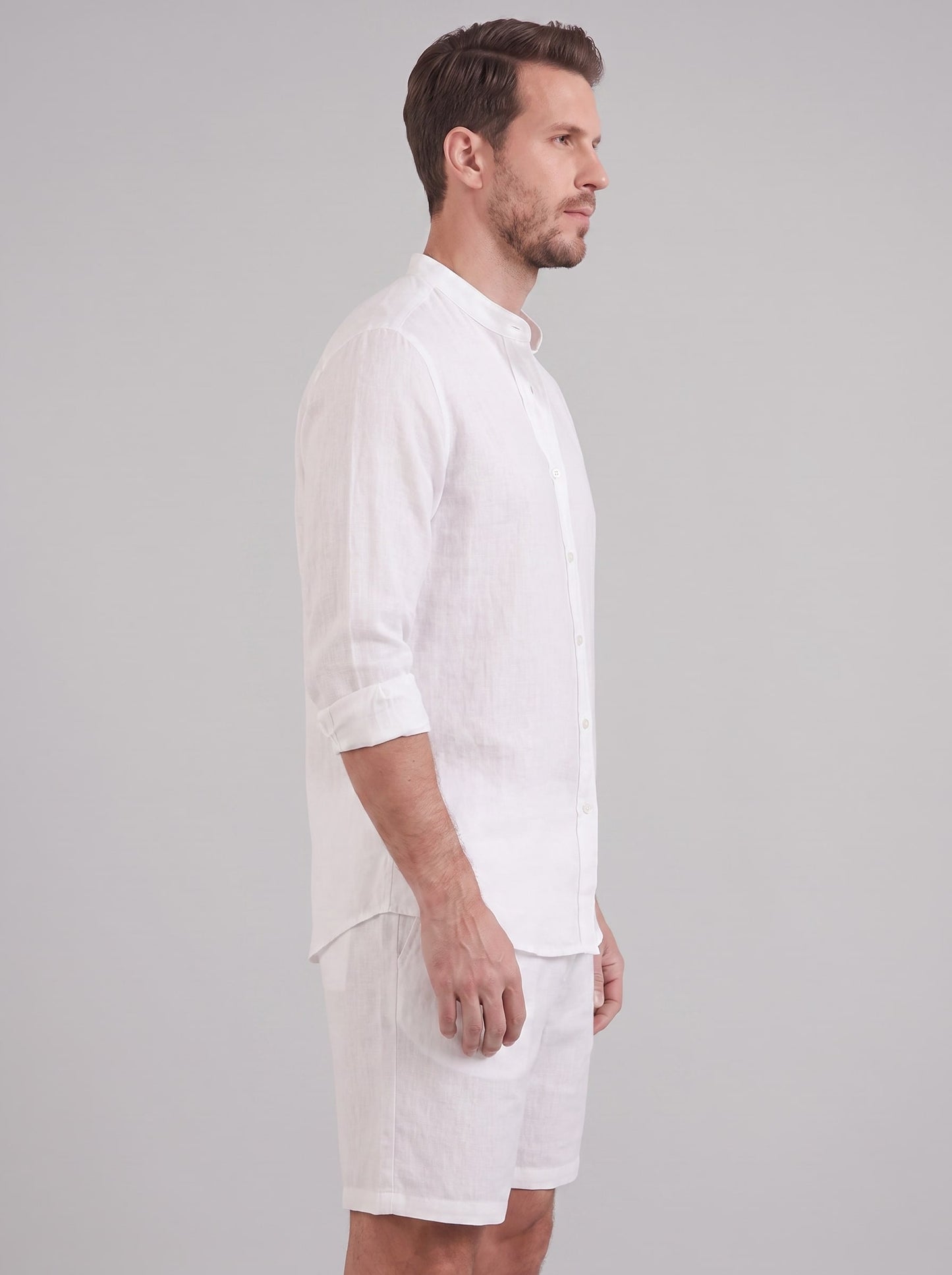Canyon Linen Band Collar Shirt and Shorts Set_10