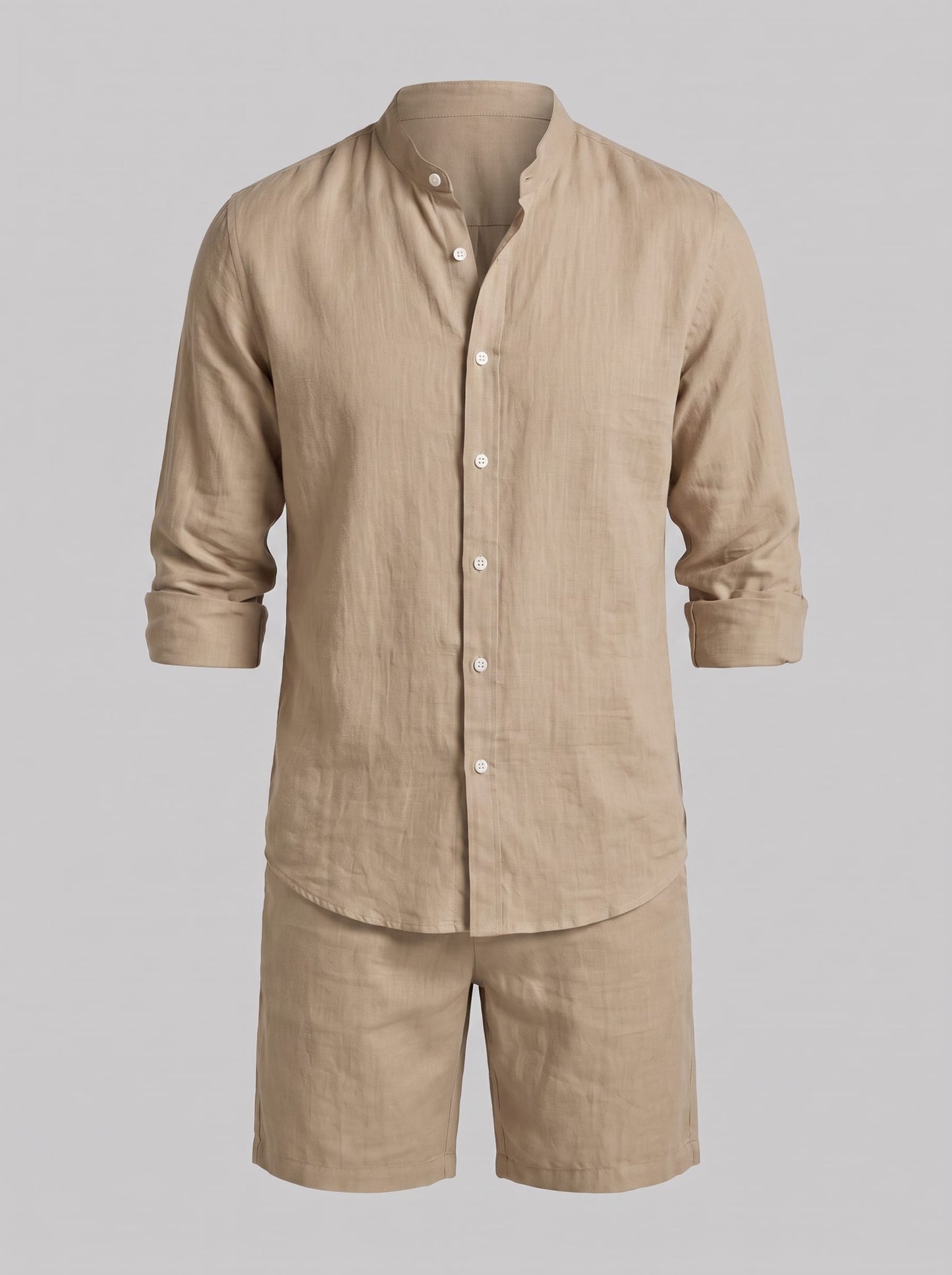 Canyon Linen Band Collar Shirt and Shorts Set_14