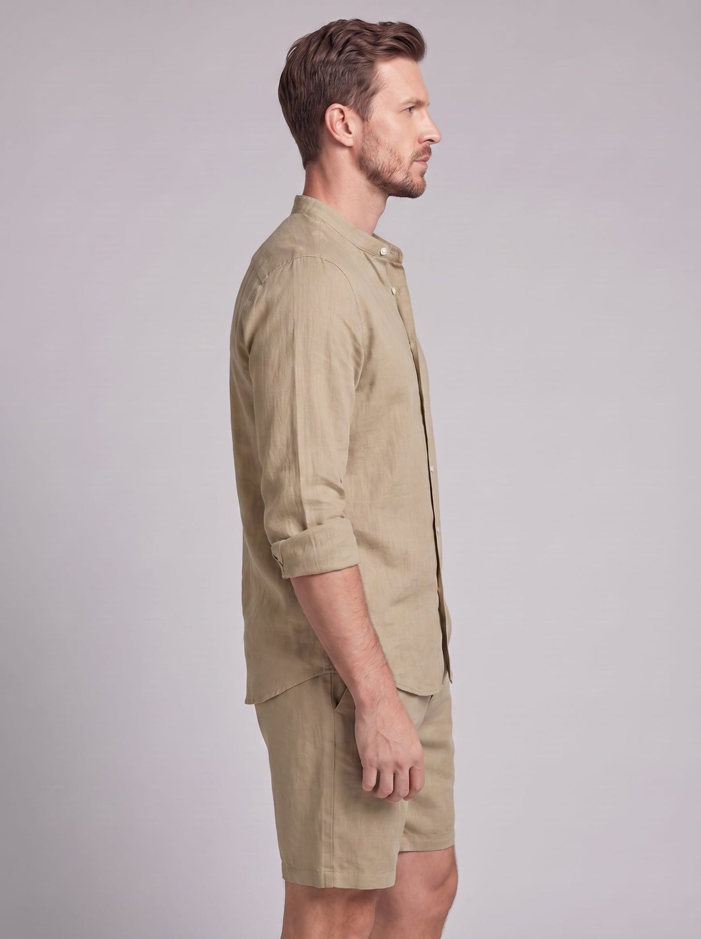 Canyon Linen Band Collar Shirt and Shorts Set_16