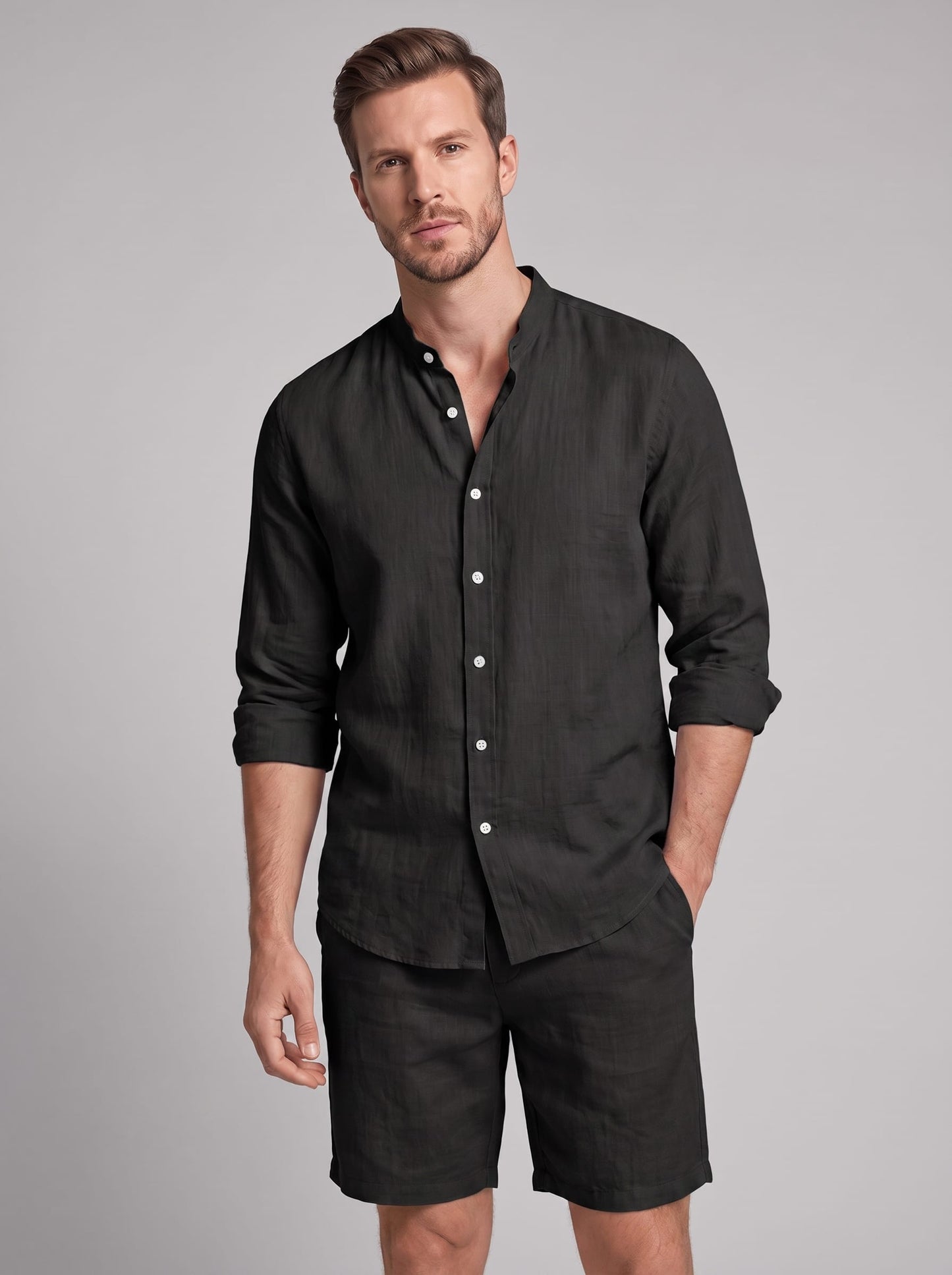 Canyon Linen Band Collar Shirt and Shorts Set_19