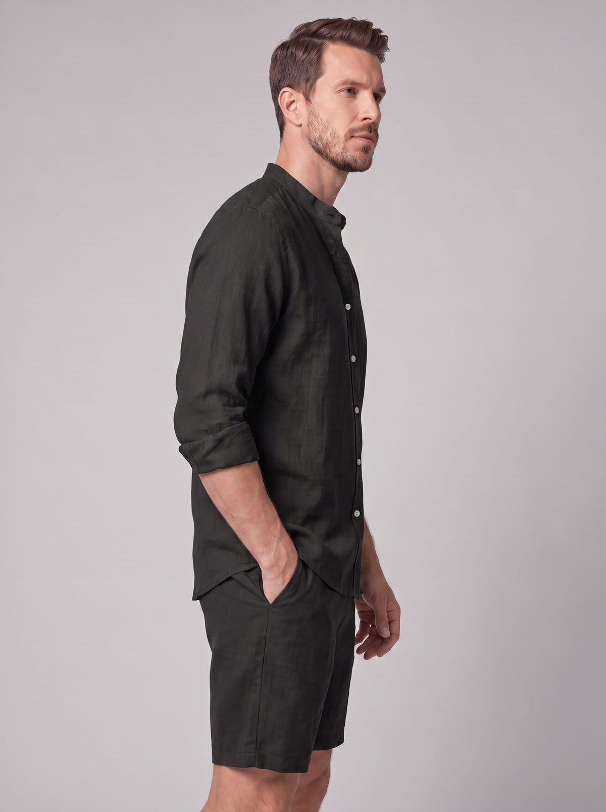 Canyon Linen Band Collar Shirt and Shorts Set_22