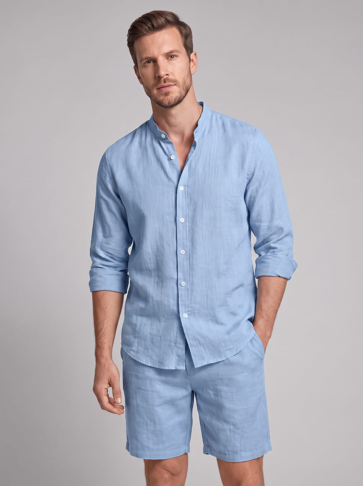 Canyon Linen Band Collar Shirt and Shorts Set
