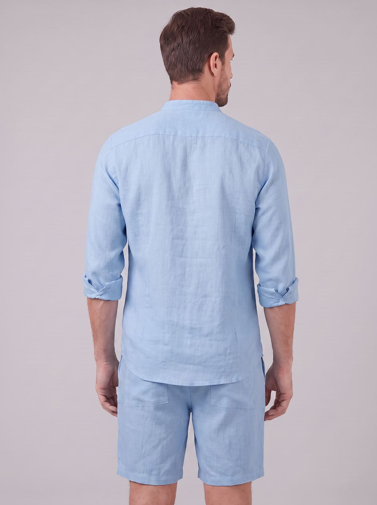 Canyon Linen Band Collar Shirt and Shorts Set_27