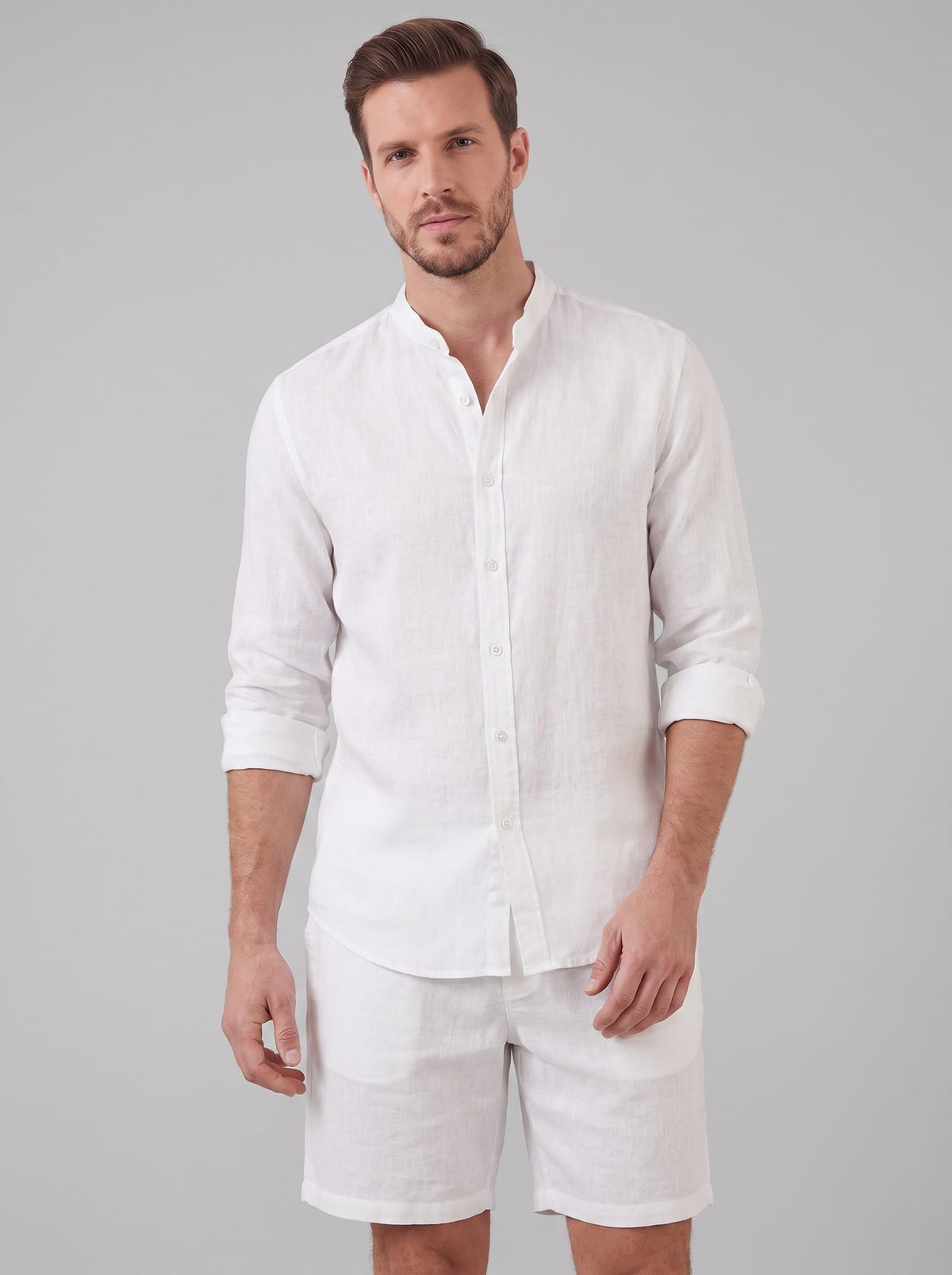 Canyon Linen Band Collar Shirt and Shorts Set