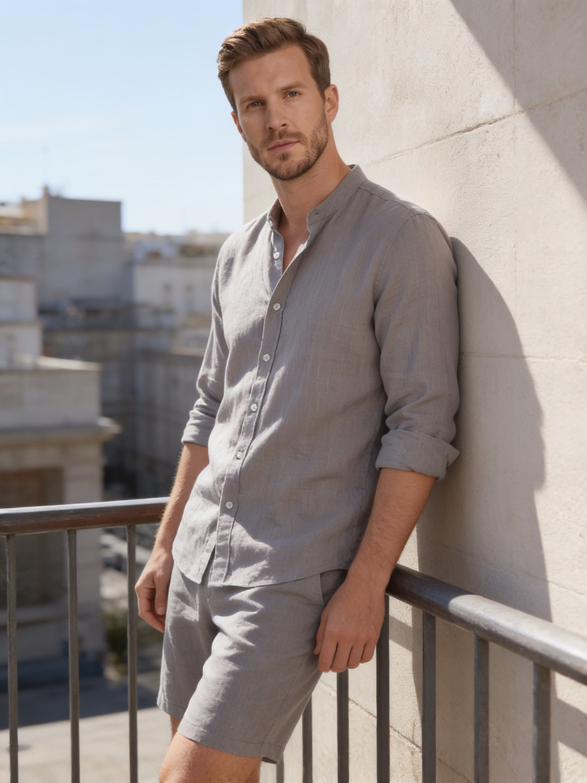 Canyon Linen Band Collar Shirt and Shorts Set