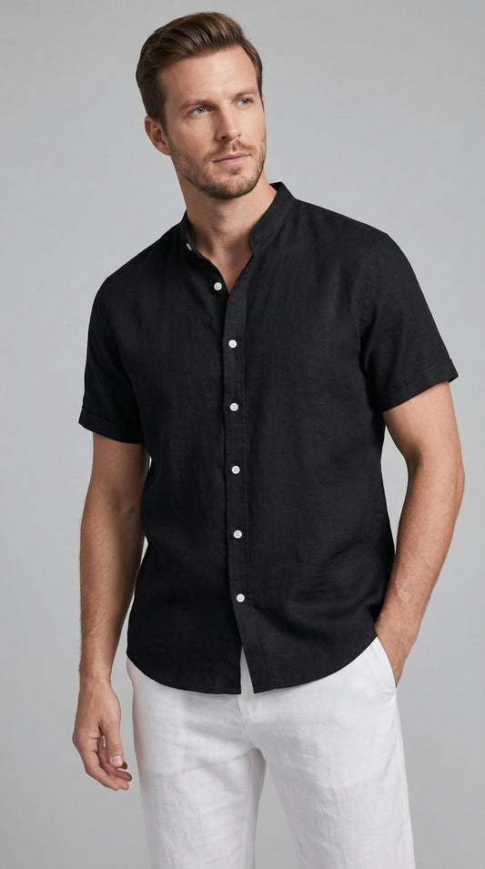 Corbin Linen Band Collar Shirt and Pants Set_1