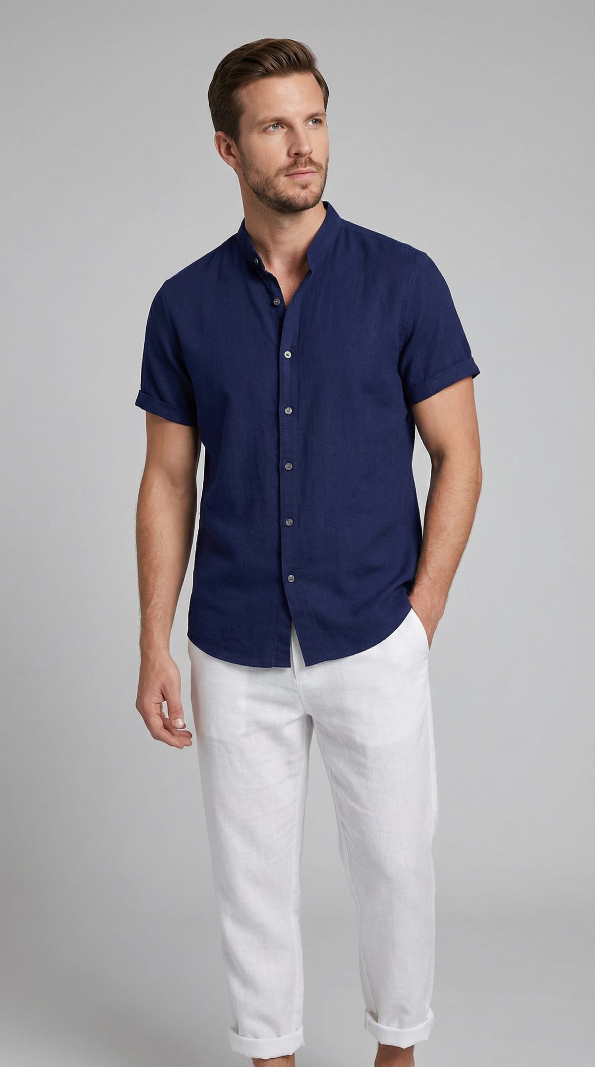 Corbin Linen Band Collar Shirt and Pants Set_16