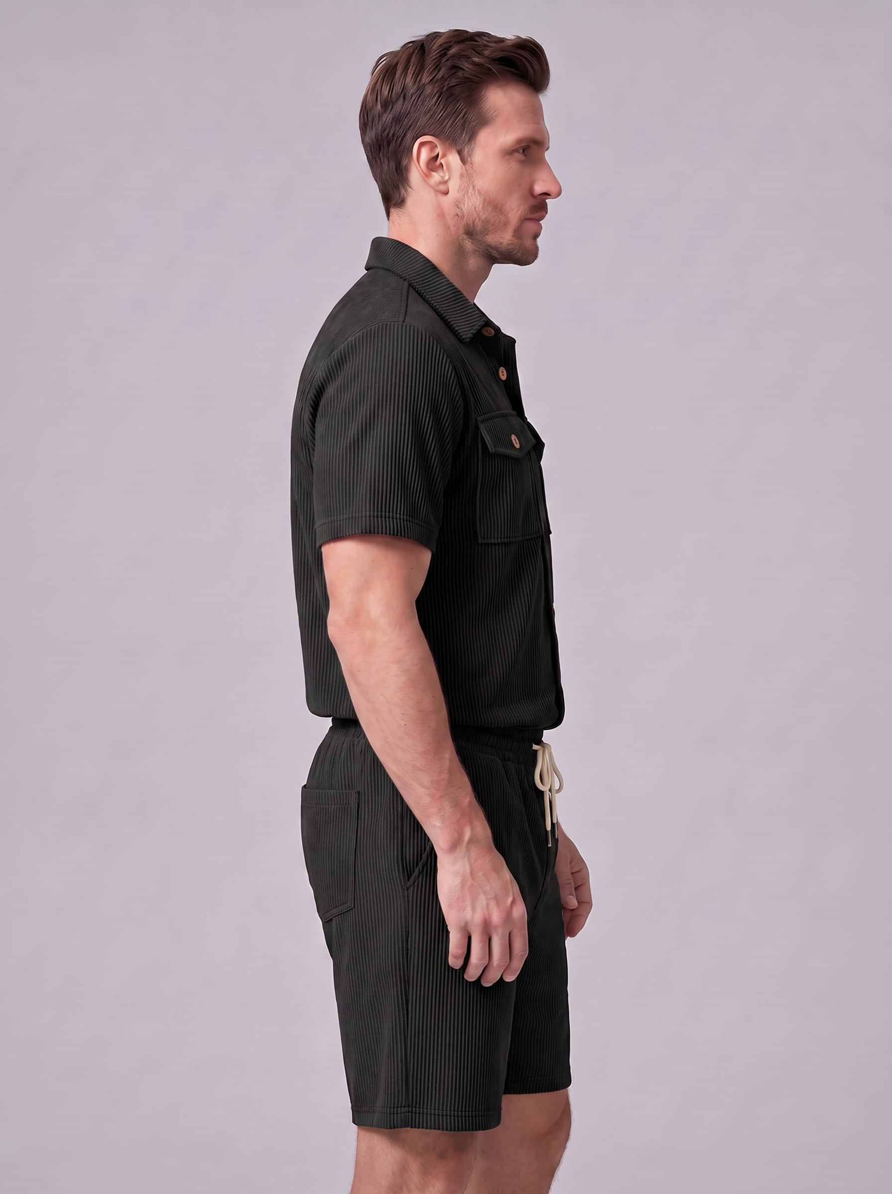 Dane Ribbed Flap Pocket Shirt and Shorts Set