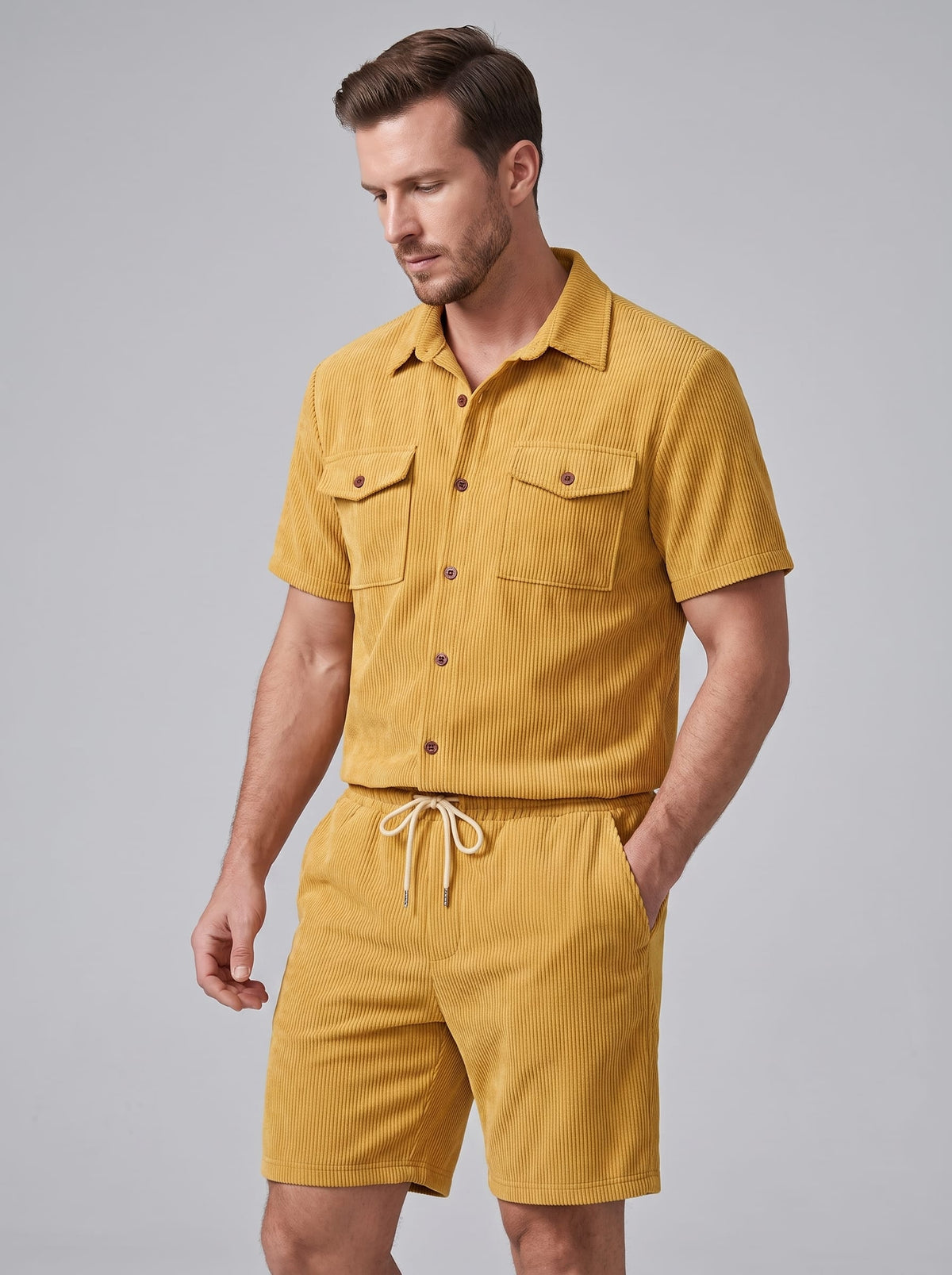 Dane Ribbed Flap Pocket Shirt and Shorts Set