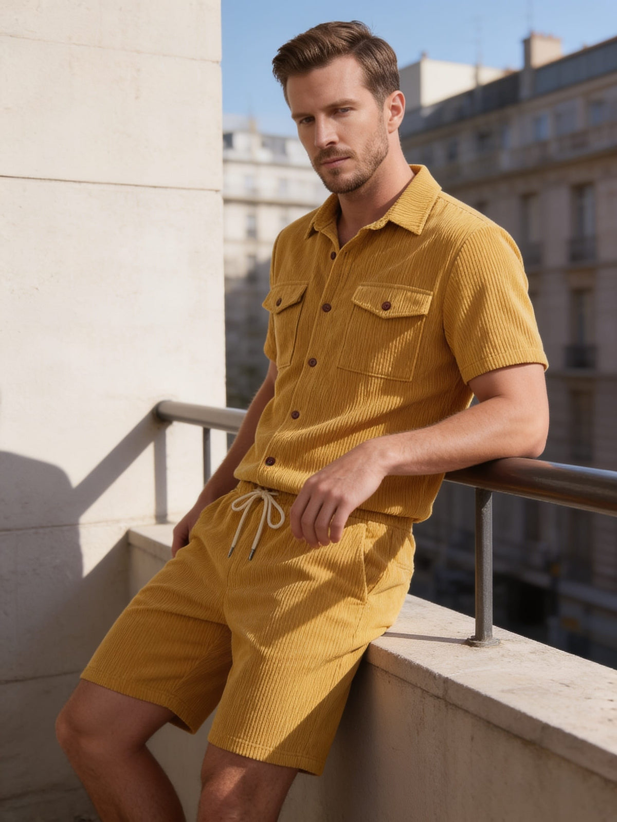 Dane Ribbed Flap Pocket Shirt and Shorts Set