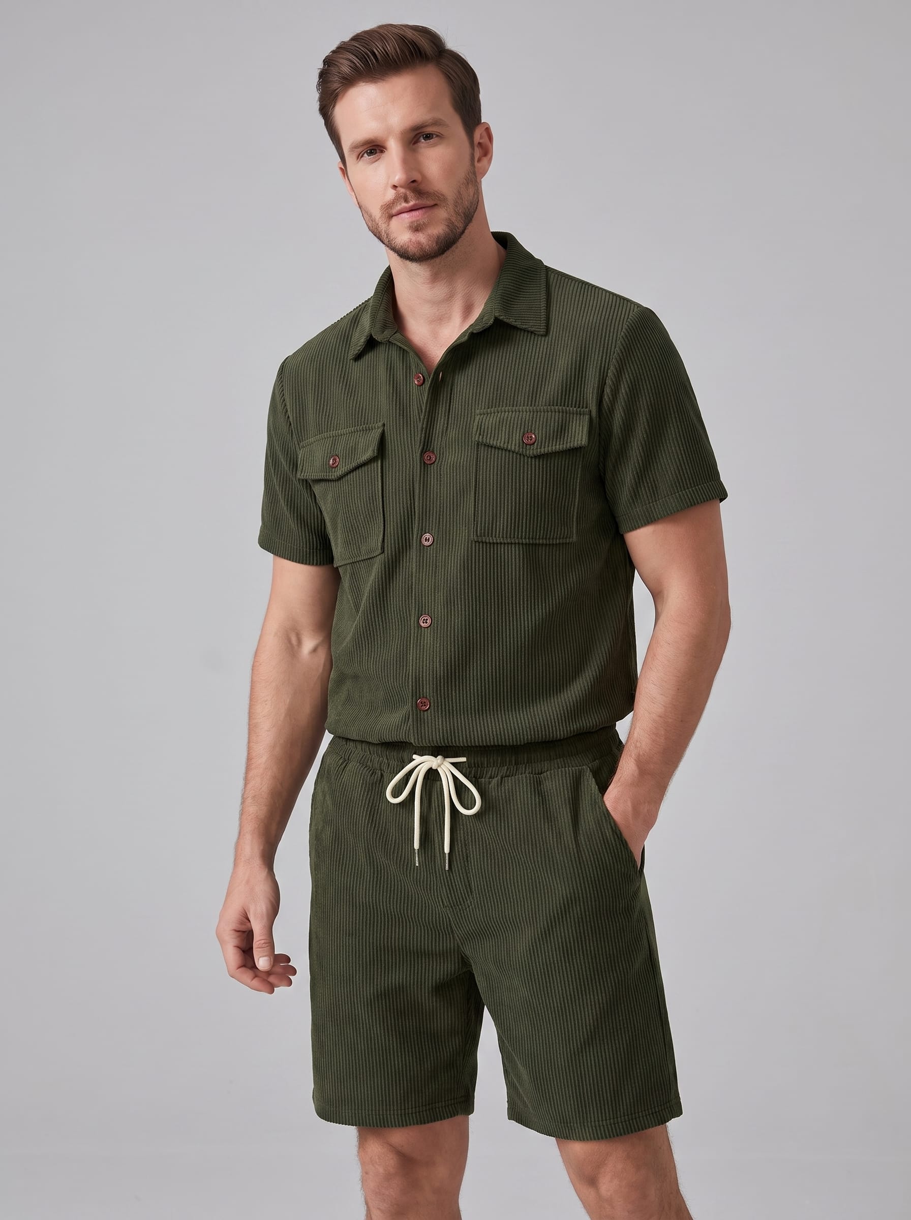 Dane Ribbed Flap Pocket Shirt and Shorts Set