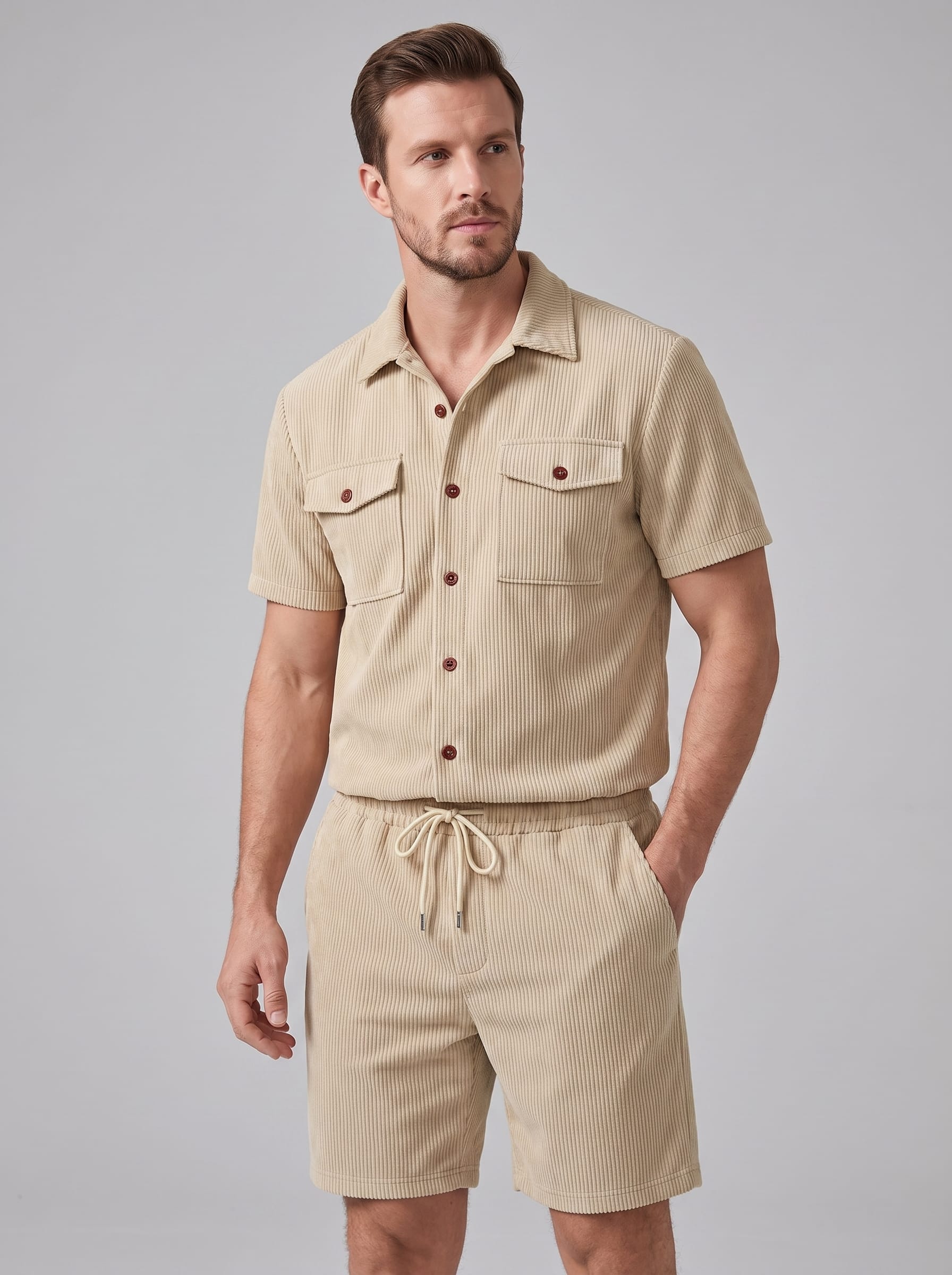 Dane Ribbed Flap Pocket Shirt and Shorts Set