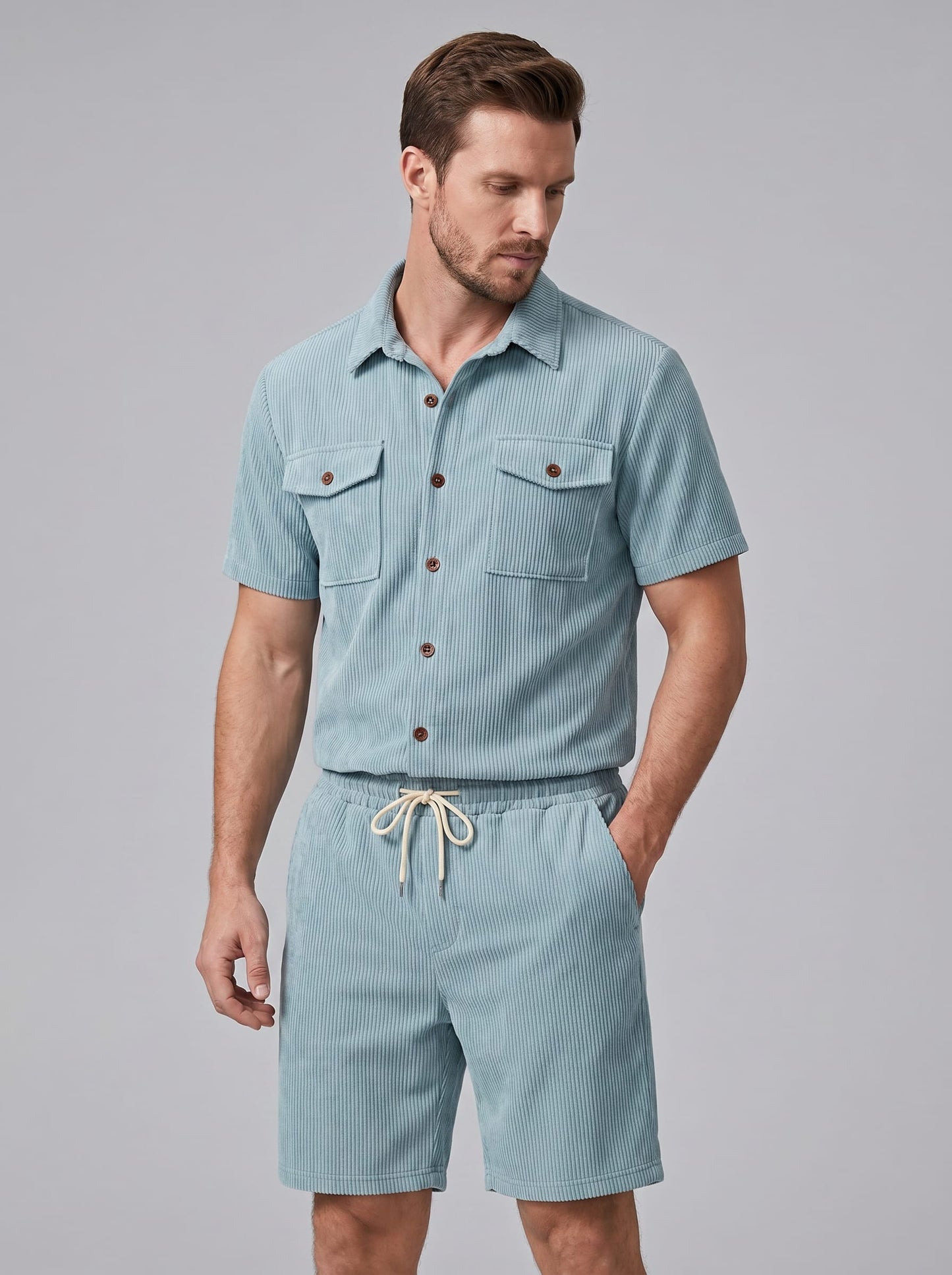 Dane Ribbed Flap Pocket Shirt and Shorts Set_37