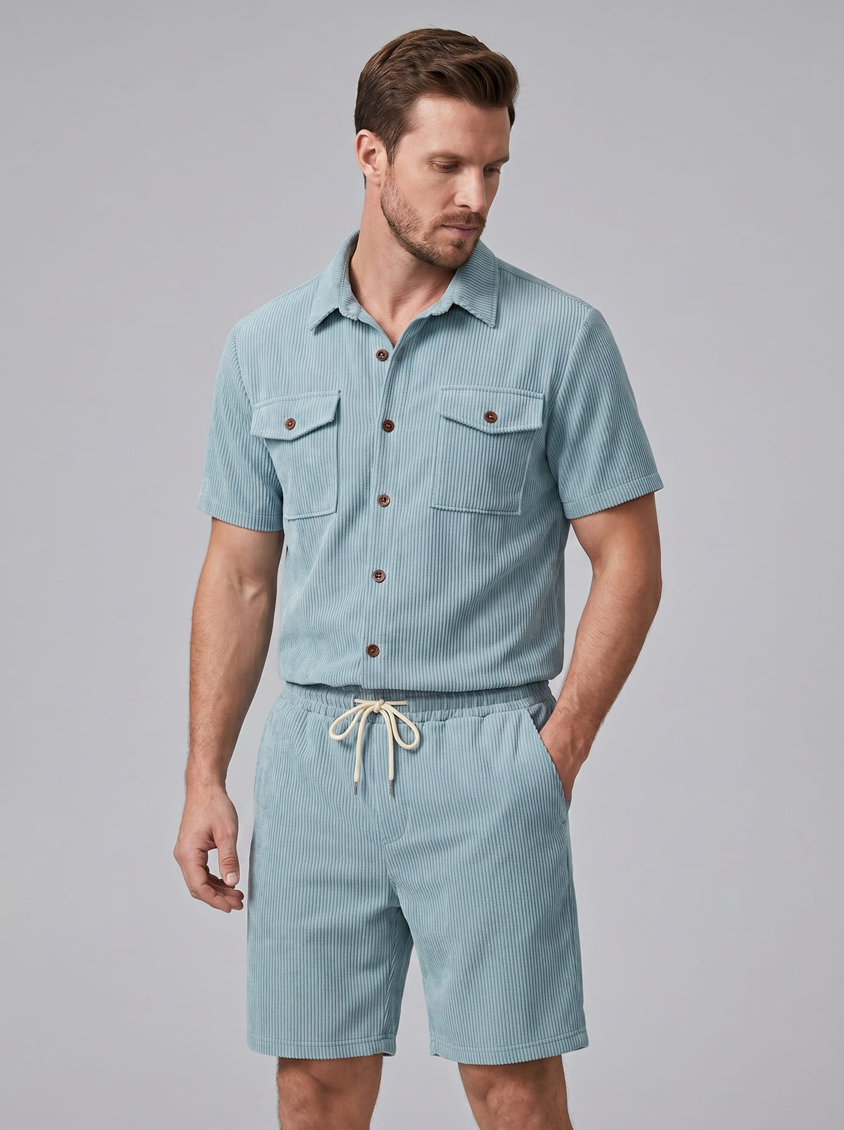 Dane Ribbed Flap Pocket Shirt and Shorts Set