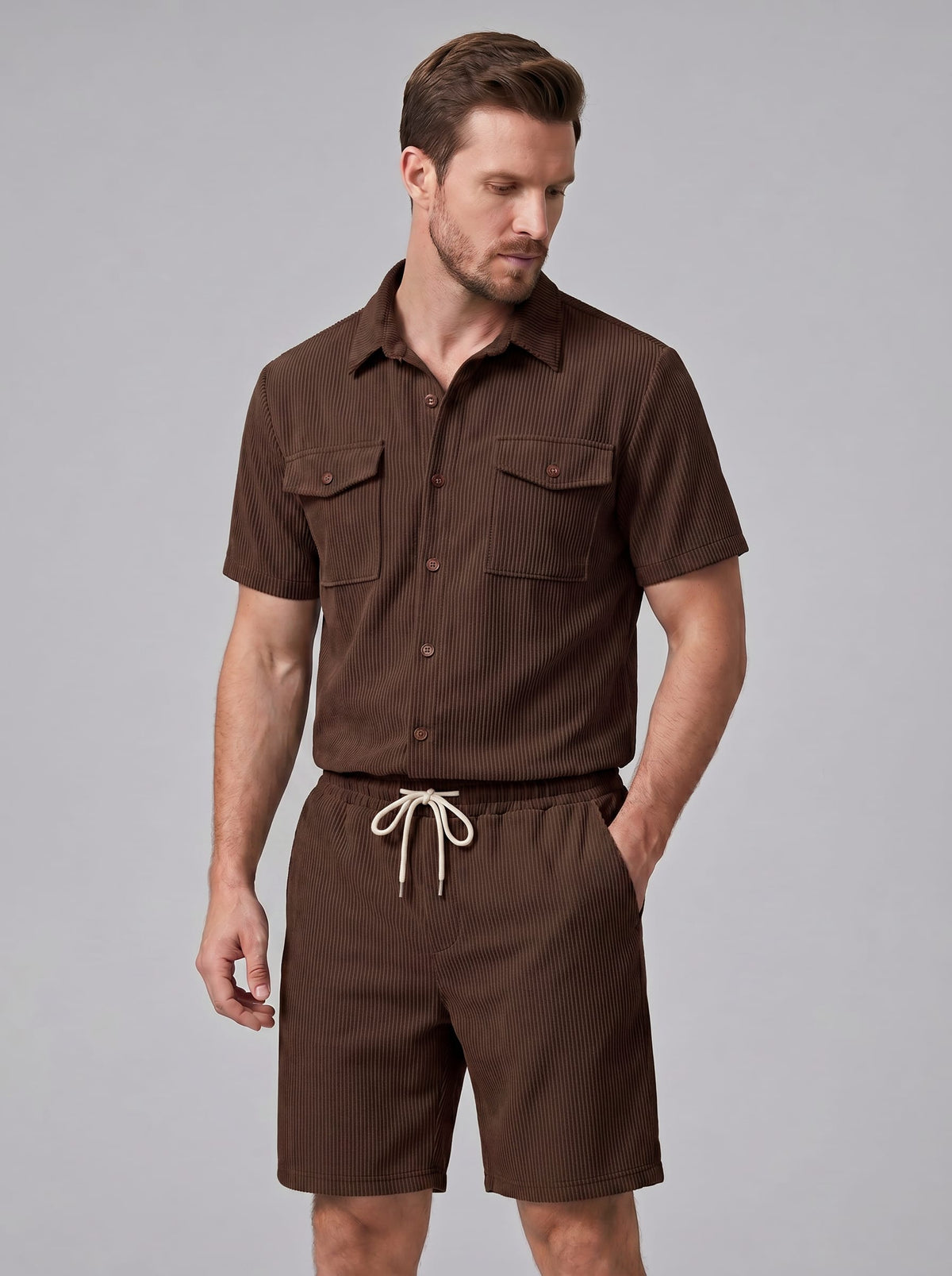 Dane Ribbed Flap Pocket Shirt and Shorts Set