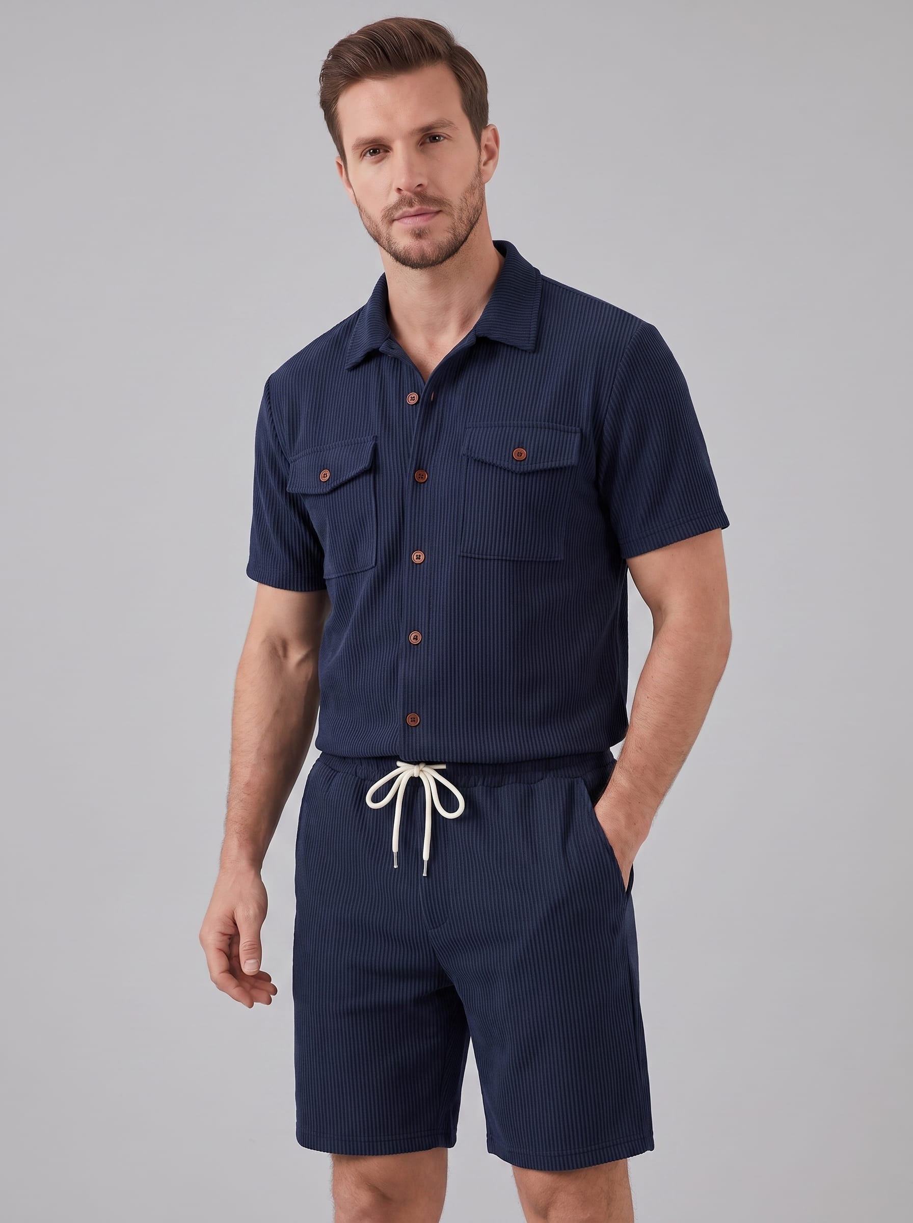 Dane Ribbed Flap Pocket Shirt and Shorts Set