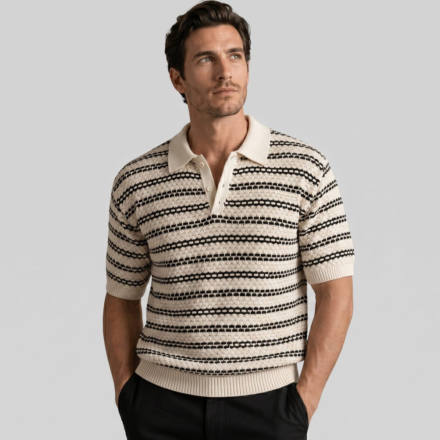 Wells Striped Crochet Knit Polo Shirt_1