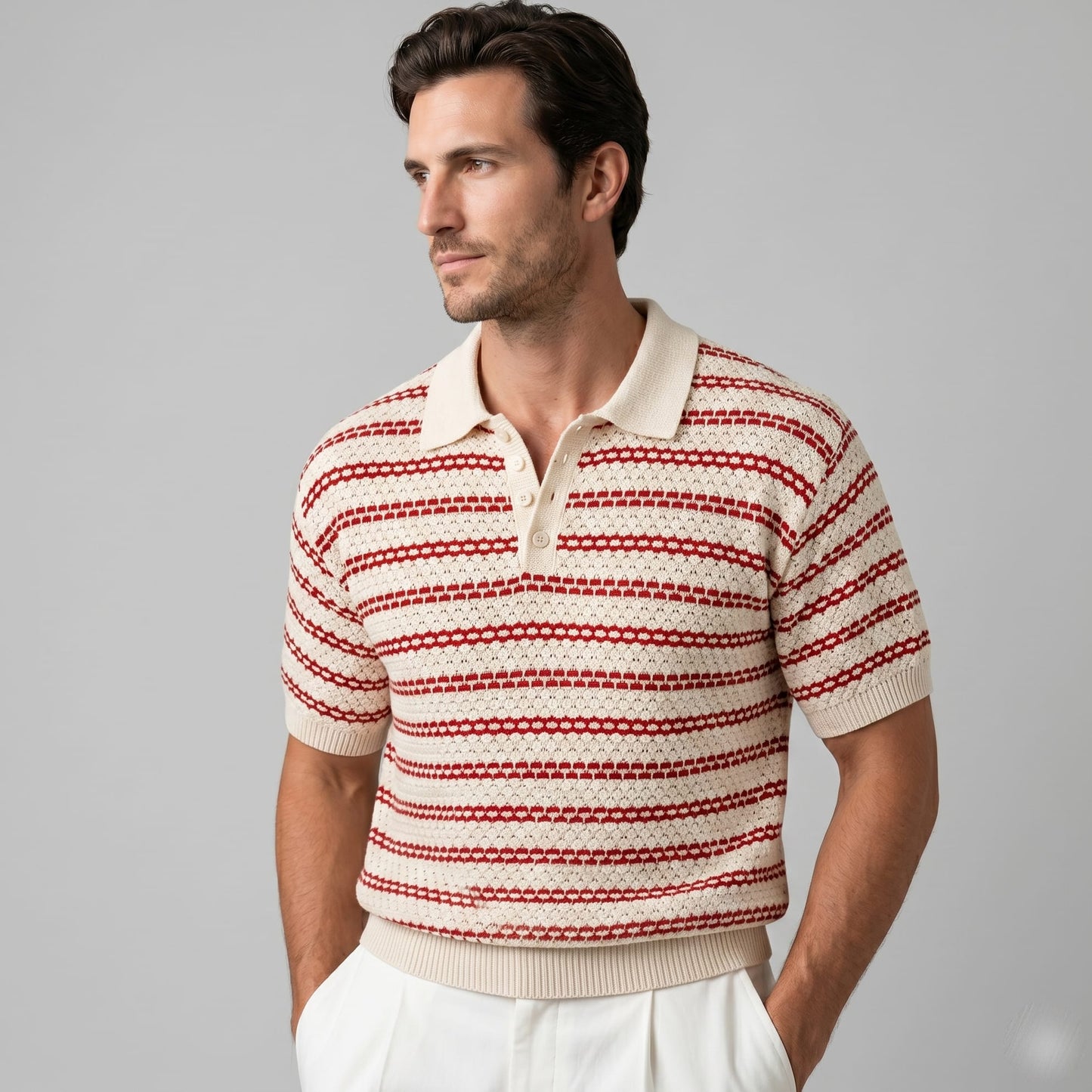 Wells Striped Crochet Knit Polo Shirt_11