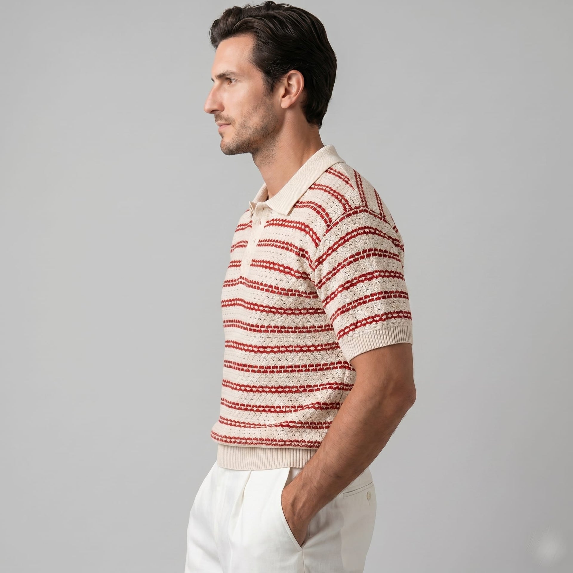 Wells Striped Crochet Knit Polo Shirt