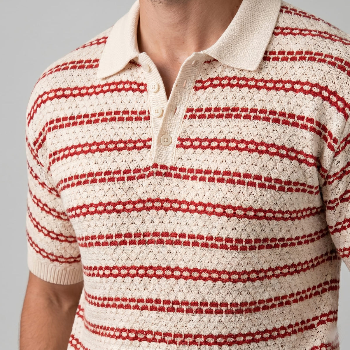 Wells Striped Crochet Knit Polo Shirt