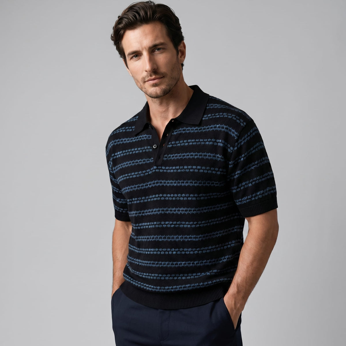 Wells Striped Crochet Knit Polo Shirt_6