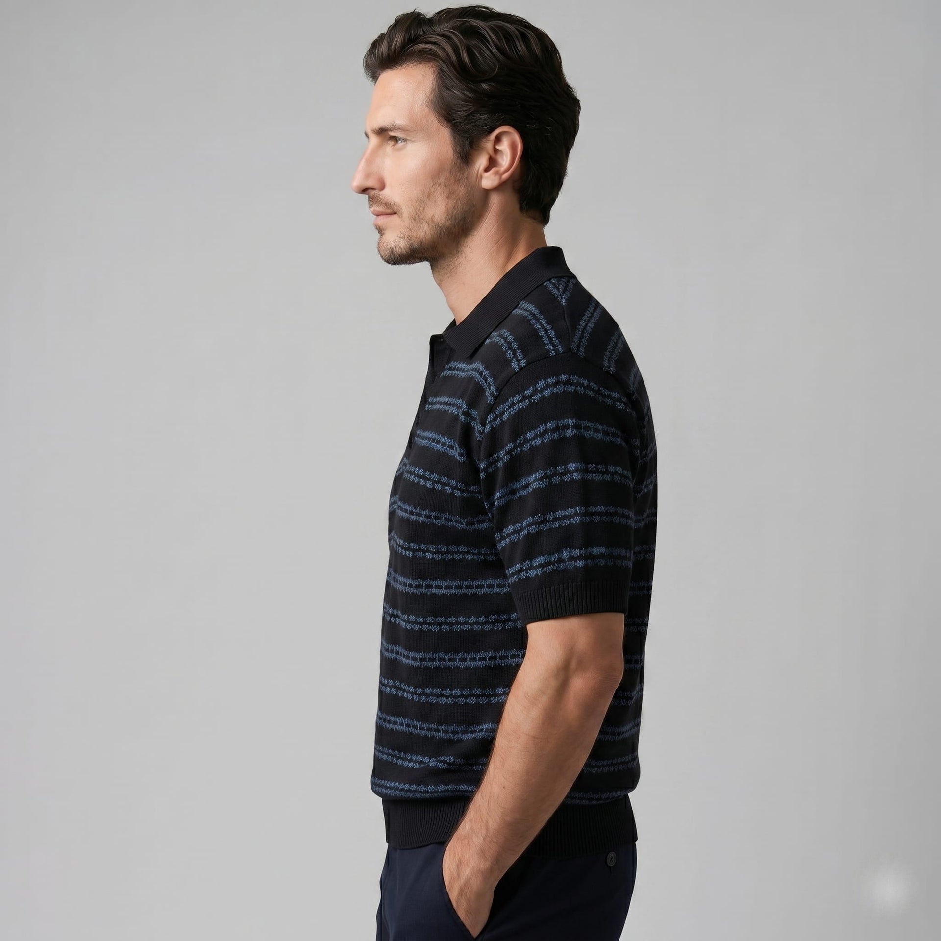Wells Striped Crochet Knit Polo Shirt