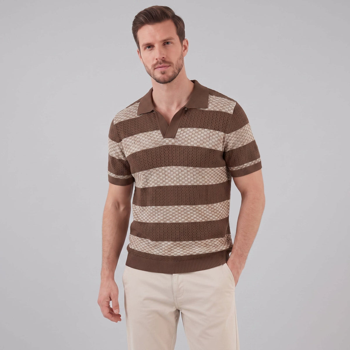 Ledger Striped Open Knit Polo Shirt_13