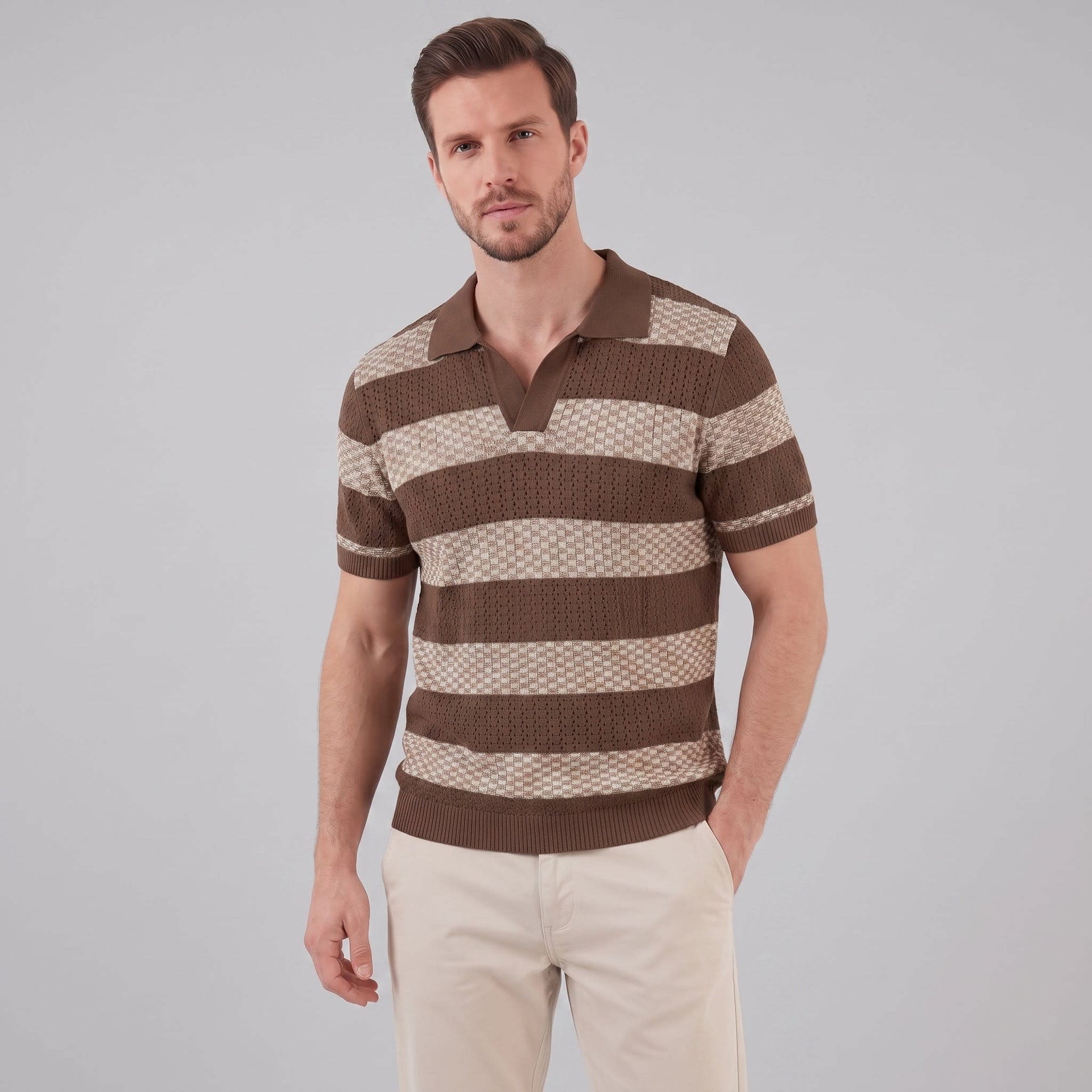 Ledger Striped Open Knit Polo Shirt